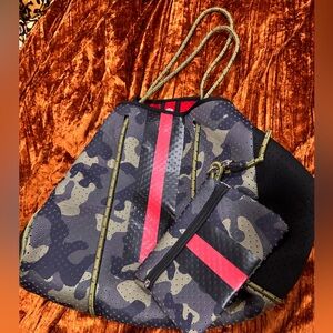 Neoprene Green Camo tote with Matching Pouch